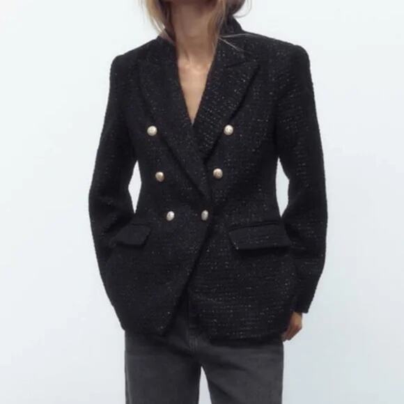 Zara Peak Lapel Double Breasted Textured Weave Blazer Jacket Black Womens Size M - Picture 1 of 11